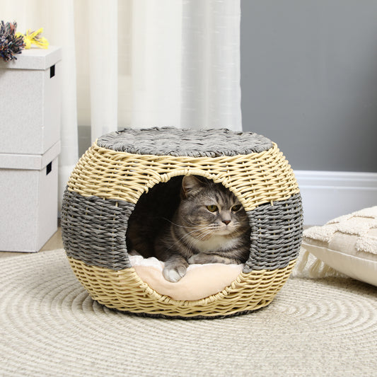 PawHut Wicker Cat House, Rattan Raised Cat Bed, Cosy Kitten Cave with Soft Washable Cushion, â40 x 30cm