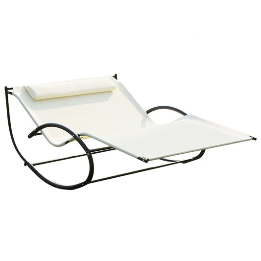 Outsunny Double Sun Lounger, Rocking Lounger Sunbed Daybed with Armrest and Headrest Pillow, for Two, For Outdoor Patio Garden, Cream White