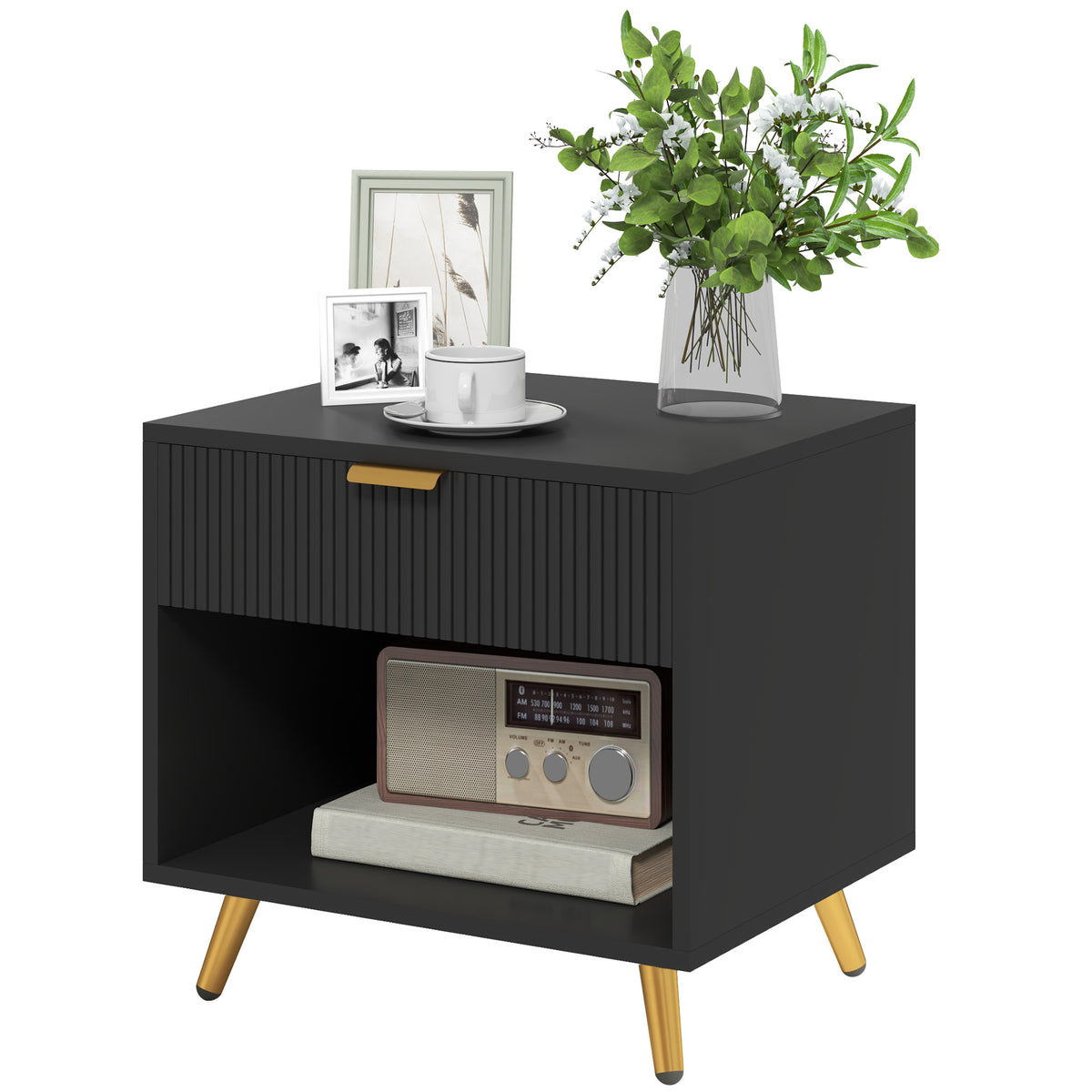 HOMCOM Elegant Bedside Table, with Drawer and Shelf - Black/Gold Tone