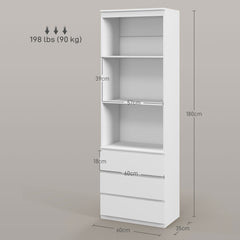 HOMCOM 180cm Tall Bookcase, with Shelves and Drawers - White