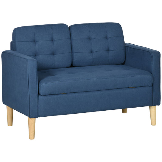 HOMCOM Modern Loveseat Sofa, Compact 2 Seater Sofa with Hidden Storage, 117cm Tufted Cotton Couch with Wood Legs, Blue