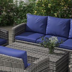 Outsunny 6 Pieces Rattan Garden Furniture Set, 7 Seater Wicker Outdoor Furniture Set with Storage Tea Table & Side Table, Sectional Garden Sofa Set with Cushions, Navy Blue