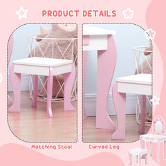 ZONEKIZ Kids Dressing table Set w/ Mirror, Stool, Drawer, Cute Patterns, for Ages 3-6 Years - Pink