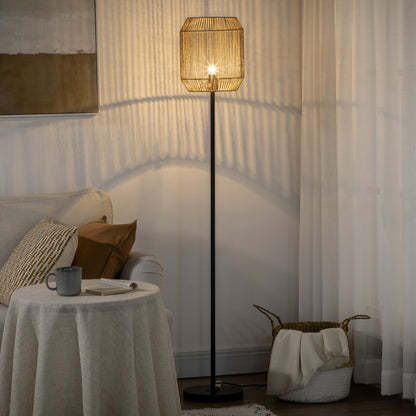 HOMCOM Farmhouse Standing Lamp, Floor Lamps with Hand Woven Rattan Lampshade for Living Room