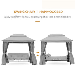 Outsunny 3 Seater Convertible Swing Chair, Outdoor Gazebo Swing Seat Bed with Double Tier Canopy, Cushioned Seat, Mesh Sidewalls, Light Grey