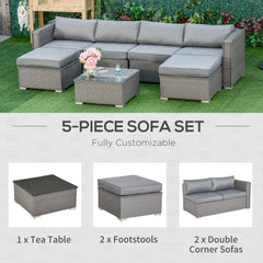 Outsunny 5 PCs PE Rattan Wicker Corner Sofa Set Bonzer Outdoor Conservatory Furniture Lawn Patio Tea Table Footstool w/ Cushion - Grey