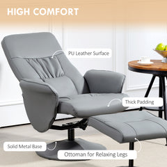 HOMCOM Swivel Recliner Chair with Footstool, PU Leather Armchair and Ottoman with High Back and Round Base for Living Room, Light Grey