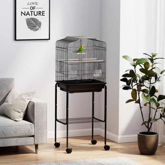 PawHut Bird Cage Budgie Cages for Finch Canary Parakeet with Stand Wheels Slide-out Tray Accessories Storage Shelf, Black