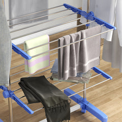 HOMCOM Four-Shelf Collapsing Clothes Horse, With Side Arms and Wheels - Blue