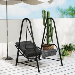 Outsunny Rattan Swing Chair, Outdoor Garden Hanging Swing Seat with Stand and Seat Cushion, Porch Hanging Chair for Balcony, Garden, Deck, Dark Grey