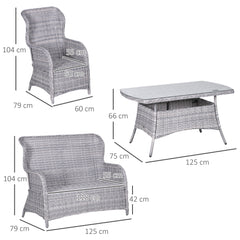 Outsunny Garden PE Rattan Dining Sofa Set, Outdoor 4 Seater Wicker Furniture, High Back Chairs with Cushions, Tempered Glass Coffee Table for Patio, Mixed Grey