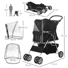 PawHut Pet Travel Stroller with Rain Cover, 4 Wheels Foldable Travel Carriage with Wheels Zipper Entry Cup Holder Storage Basket Black