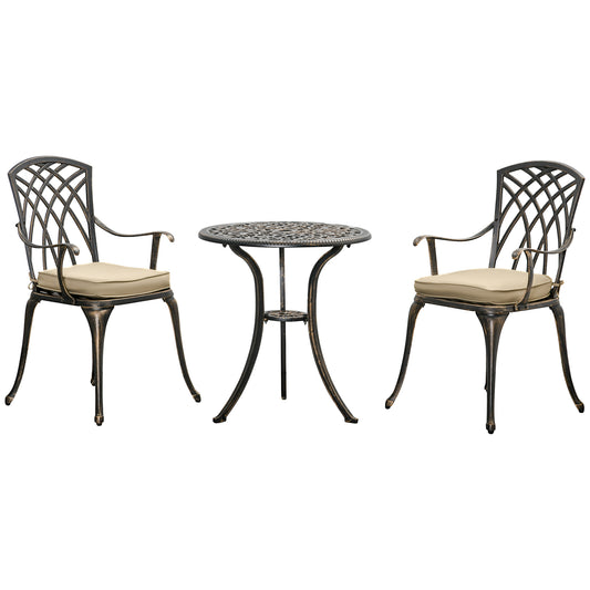 Outsunny 3 Piece Cast Aluminium Garden Bistro Set for 2 with Parasol Hole, Outdoor Coffee Table Set Rust Resistant with Cushions - Bronze