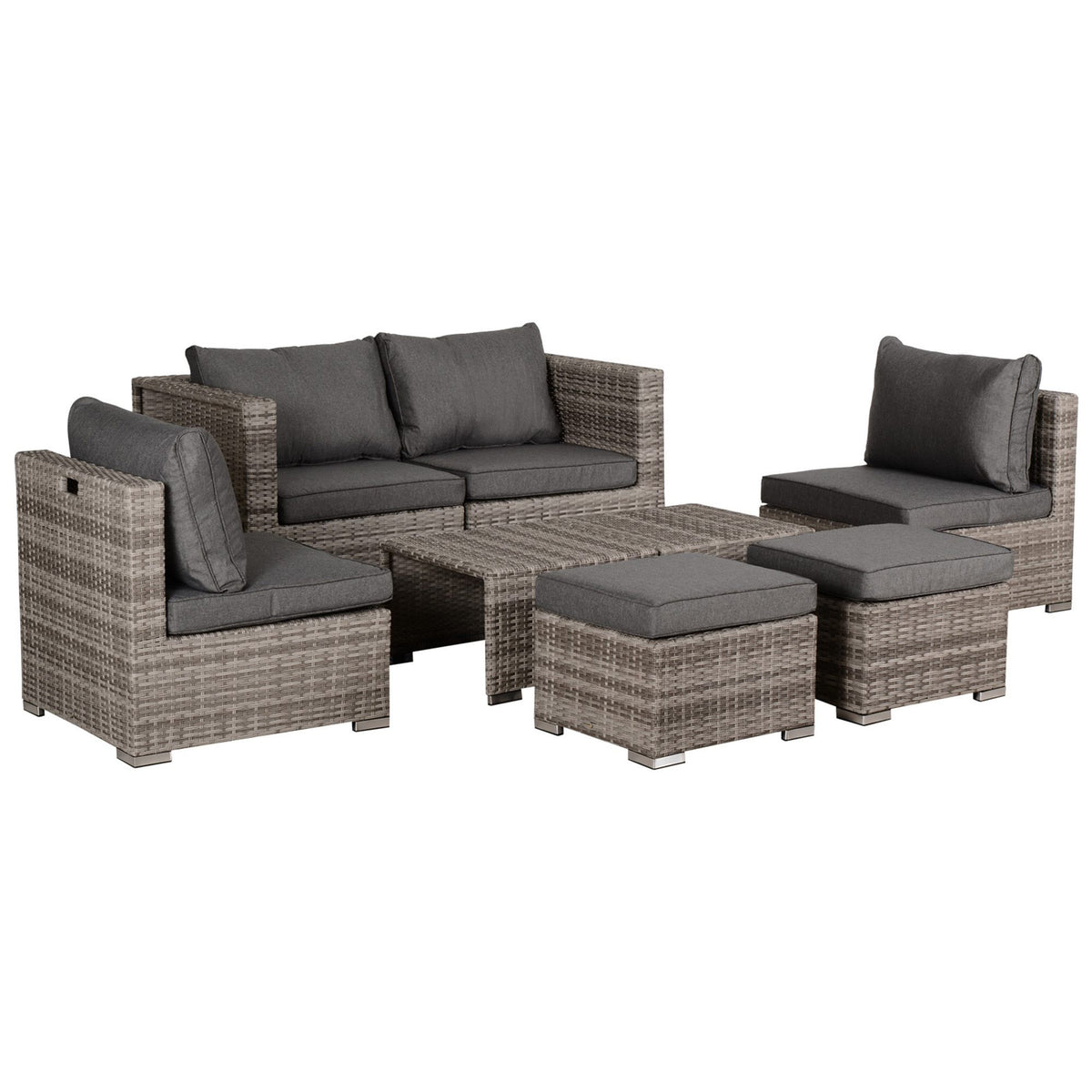 Outsunny 8 Pieces Rattan Garden Furniture Set, Garden Corner Sofa Set with 4 Chairs, 2 Footstools, 2 Coffee Tables and Cushions, Space-Saving Design, No Assembly Required, Grey