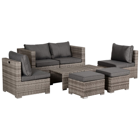 Outsunny 8 Pieces Rattan Garden Furniture Set, Garden Corner Sofa Set with 4 Chairs, 2 Footstools, 2 Coffee Tables and Cushions, Space-Saving Design, No Assembly Required, Grey