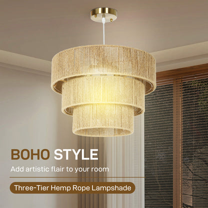 HOMCOM Hemp Rope Ceiling Light, 3-Layer Boho Pendant Light, E14 Vintage Ceiling Lamp Fixtures for Living Room, Bedroom, Kitchen, Hallway, Light Brown