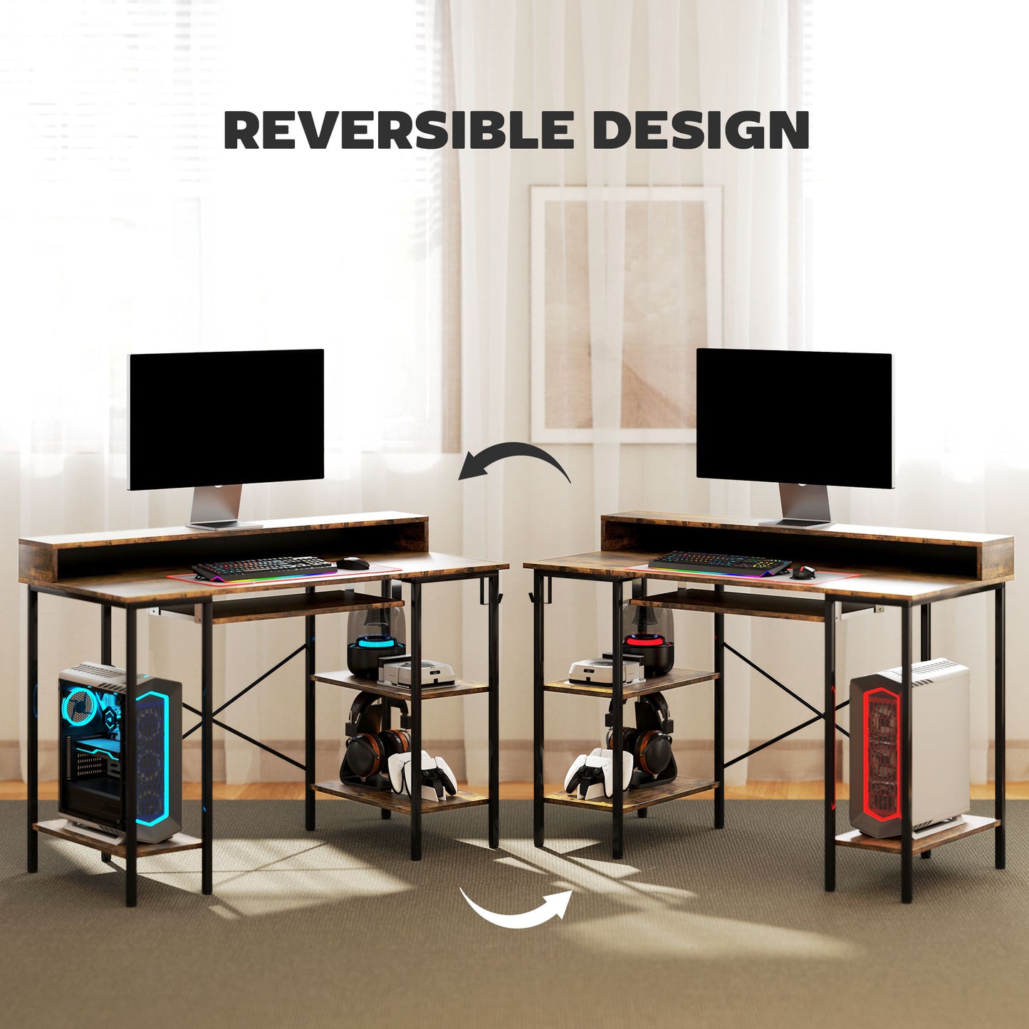 HOMCOM Reversible Computer Desk with LED Lights and Power Outlets, 120 x 55 cm Gaming Desk with Monitor Stand, Sliding Keyboard Tray and Storage Shelves, Industrial Home Office Desk, Rustic Brown