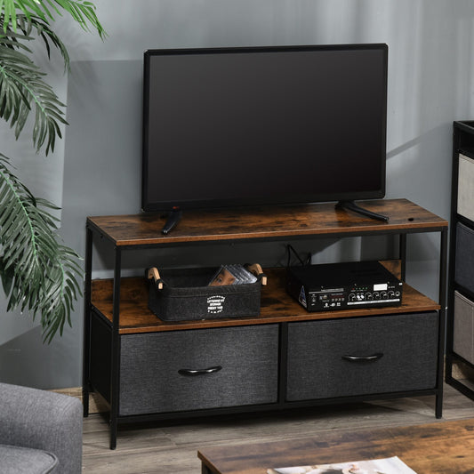 HOMCOM TV Stand Cabinet up to 47-inch, TV Unit with 2 Foldable Linen Drawers, Open Shelf for Living Room, Bedroom, Entertainment Room, Rustic Brown