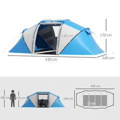 Outsunny 4-6 Man Camping Tent w/ Two Bedroom, Hiking Sun Shelter, UV Protection Tunnel Tent, Blue and White