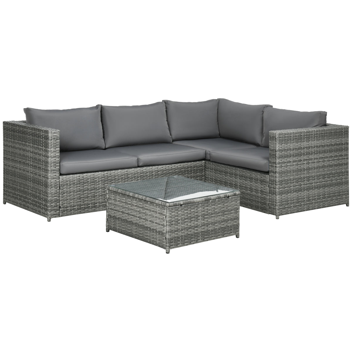 Outsunny 3 Pieces PE Rattan Garden Furniture Set with 10 cm Thick Cushions, 4 Seater Garden Corner Sofa Set with Glass Top Coffee Table, Outdoor Furniture for Patio, Porch, Grey