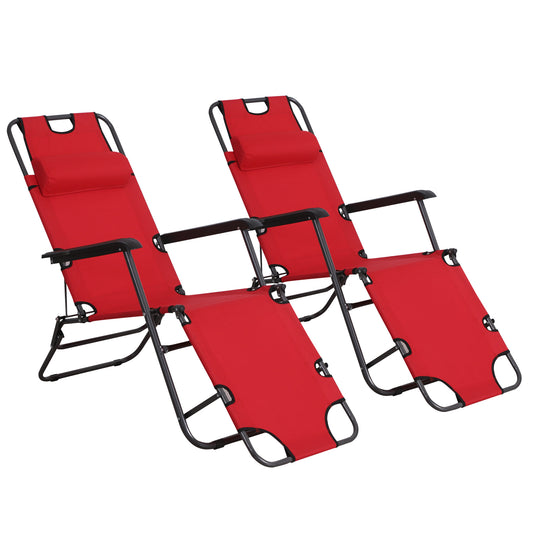 Outsunny 2 Pieces 2 in 1 Sun Lounger Folding Reclining Chair Garden Outdoor Camping Adjustable Back with Pillow, Red