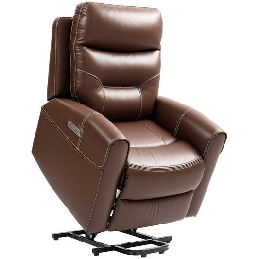 HOMCOM Power Lift Recliner Chair for Elderly, Overstuffed Faux Leather Riser and Reclining Chair with USB A+C Ports, Remote Control, Recliner Armchair for Living Room, Brown