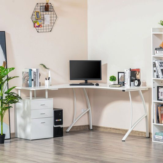 HOMCOM L-Shaped Computer Desk Table with Storage Drawer, Home Office Desk Corner Industrial Style Workstation for A4 Files 143.5 x 143.5 x 76cm, White