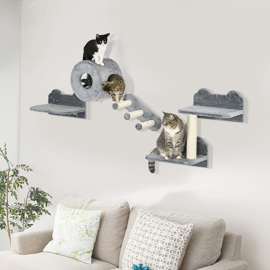 PawHut 4PCs Wall-Mounted Cat Tree, with Steps, Perch, Cat House - Grey