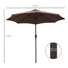 Outsunny â2.7m Garden 24 LED Light Parasol Solar Outdoor Tilt Sun Umbrella Patio Club Party Event Manual Sun Shade w/ Hand Crank and 8 Ribs, Brown