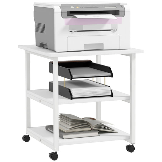 HOMCOM Three-Tier Steel Printer Stand, with Wheels - White