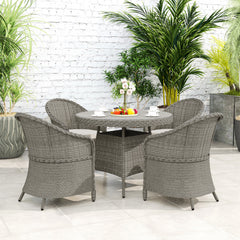 Outsunny 4 Seater Rattan Garden Furniture Set with Cushions, Round PE Rattan Dining Set with Glass-Top Table, Umbrella Hole, Outdoor Garden Table and Chairs, Grey