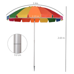 Outsunny Arc. 2.4m Beach Umbrella with Sand Anchor, Outdoor Sun Shade Parasol with UV Protection, Adjustable Tilt, Carry Bag, Multicolour