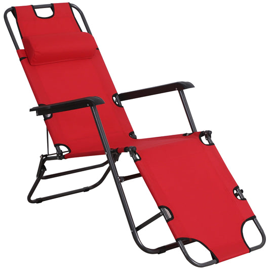 Outsunny 2 in 1 Sun Lounger Folding Reclining Chair Garden Outdoor Camping Adjustable Back with Pillow, Red