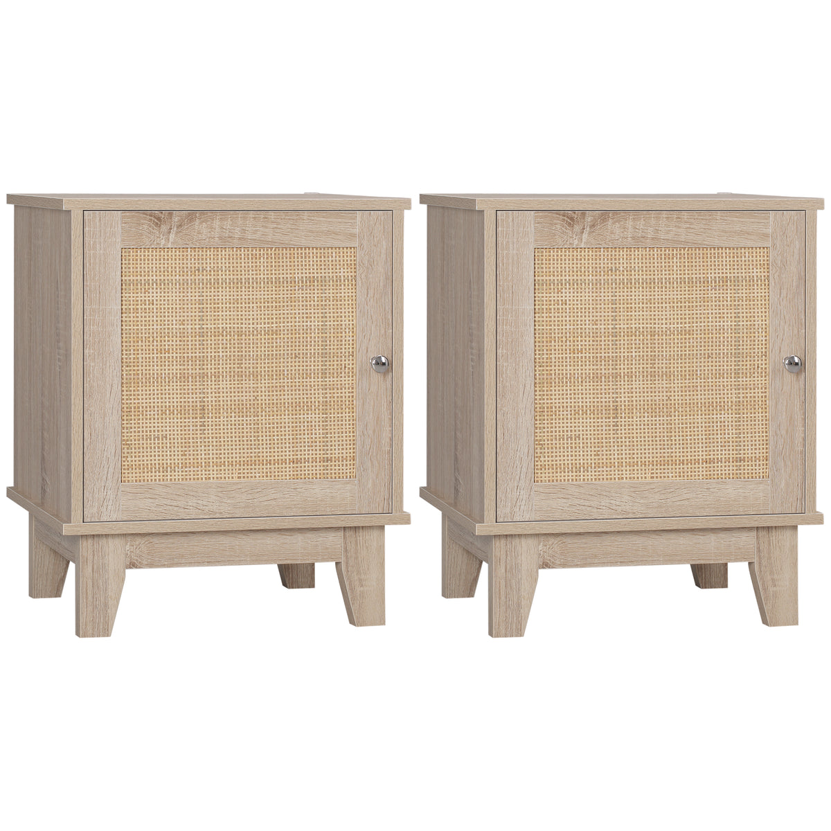 HOMCOM Bedside Table, Bedside Cabinet with Storage Cupboard, Side End Table with Rattan Element for Living Room, Bedroom, Set of 2, Natural