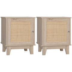 HOMCOM Bedside Table, Bedside Cabinet with Storage Cupboard, Side End Table with Rattan Element for Living Room, Bedroom, Set of 2, Natural