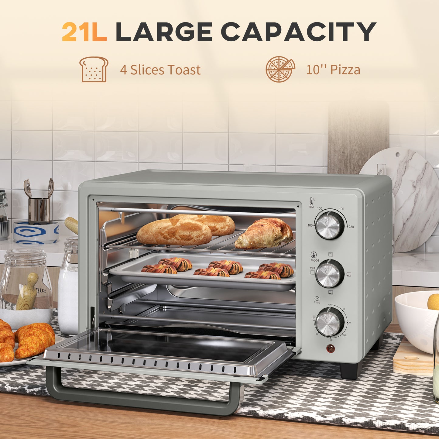 HOMCOM 21L Mini Countertop Oven, 100√Ç¬∞C-230√Ç¬∞C Adjustable Temp - Silver Tone