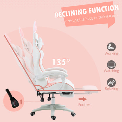 Vinsetto Racing Gaming Chair, Reclining PU Leather Computer Chair with Removable Rabbit Ears, Footrest, Headrest and Lumber Support, Pink