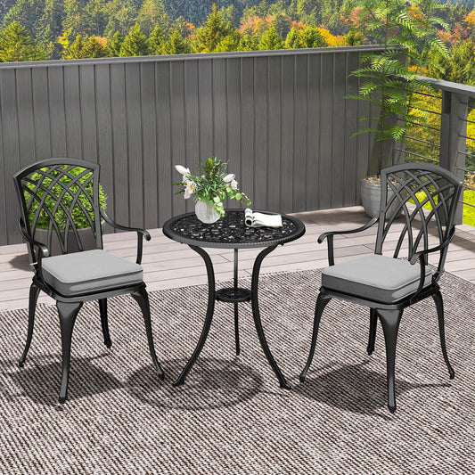 Outsunny 3 Piece Cast Aluminium Garden Bistro Set for 2, Outdoor Coffee Table Set Rust Resistant with Parasol Hole, Cushions, Patio Table and Chairs for Garden, Balcony, Black