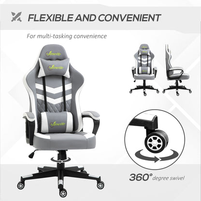 Vinsetto Gaming Chair, Computer Desk Chair with Lumbar Support, Faux Leather Racing Chair with Headrest and Swivel Wheels for Home Office, Grey White