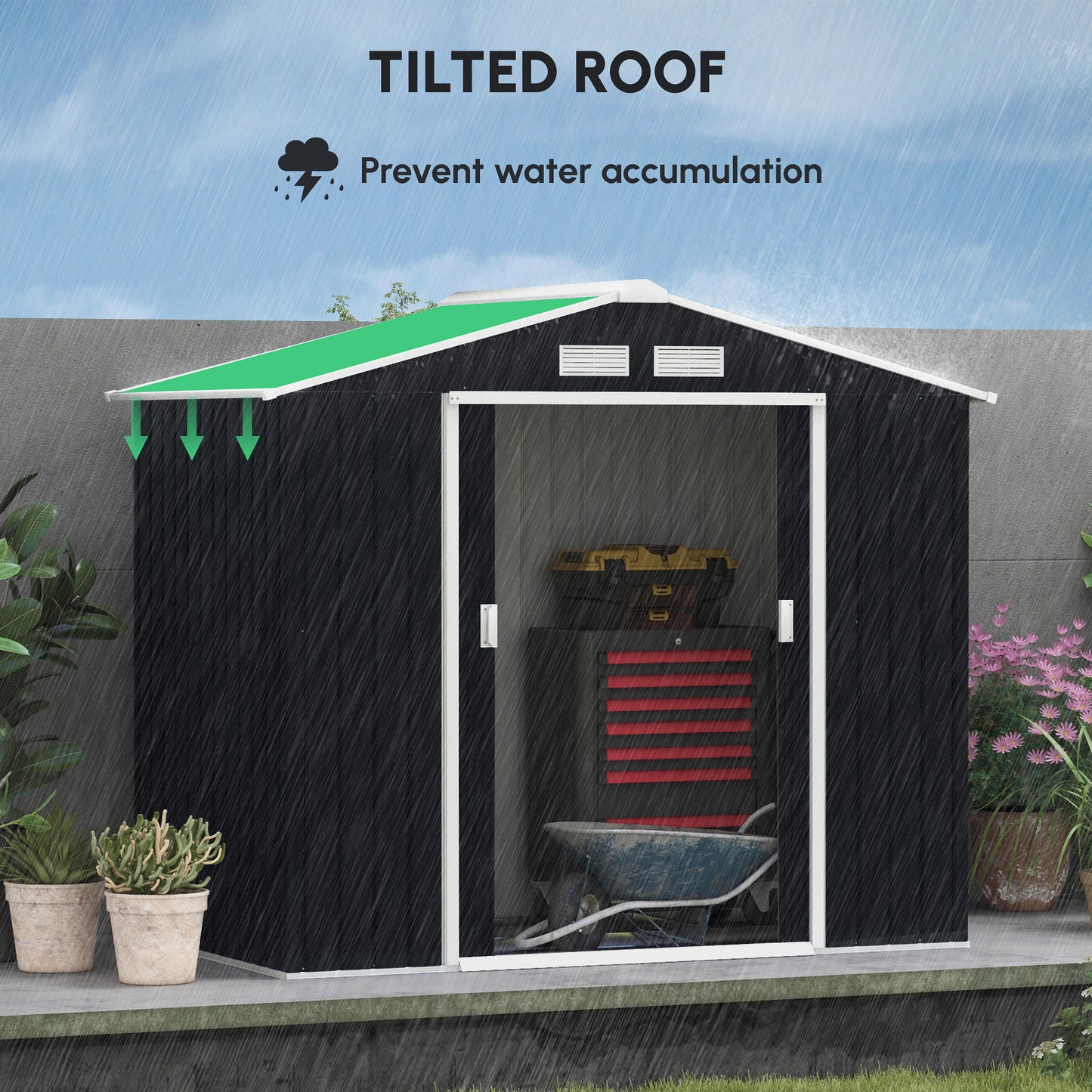 Outsunny 7 x 4ft Weatherproof Shed, Outdoor Bike Storage Shed with Ventilation Slots, Foundation Kit and Lockable Double Doors, Dark Grey