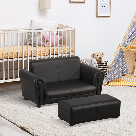 HOMCOM Kids Sofa Bed Kids Twin Sofa Toddler Chair 2 Seater Kids Twin Sofa Chair Boys Girls Couch w/ Footstool (Black)