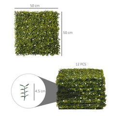 Outsunny 12PCS Artificial Boxwood Wall Panels 50cm x 50cm Grass Privacy Fence Screen Faux Hedge Greenery Backdrop Encrypted Milan Grass with White Flowers for Home Garden Backyard Balcony