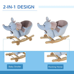 HOMCOM 2 In 1 Plush Baby Ride on Rocking Horse Elephant Rocker with Wheels Wooden Toy for Kids 32 Songs for 18+ Months (Blue)