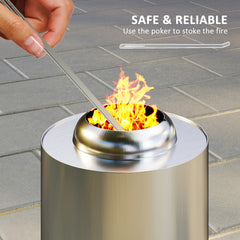 Outsunny Smokeless Fire Pit, 16 x 16 cm Stainless Steel Portable Wood Burning Firepit with Poker, Wood or Pellet Fuelled Tabletop Fire Pit for Garden Camping Bonfire Party, Silver Tone