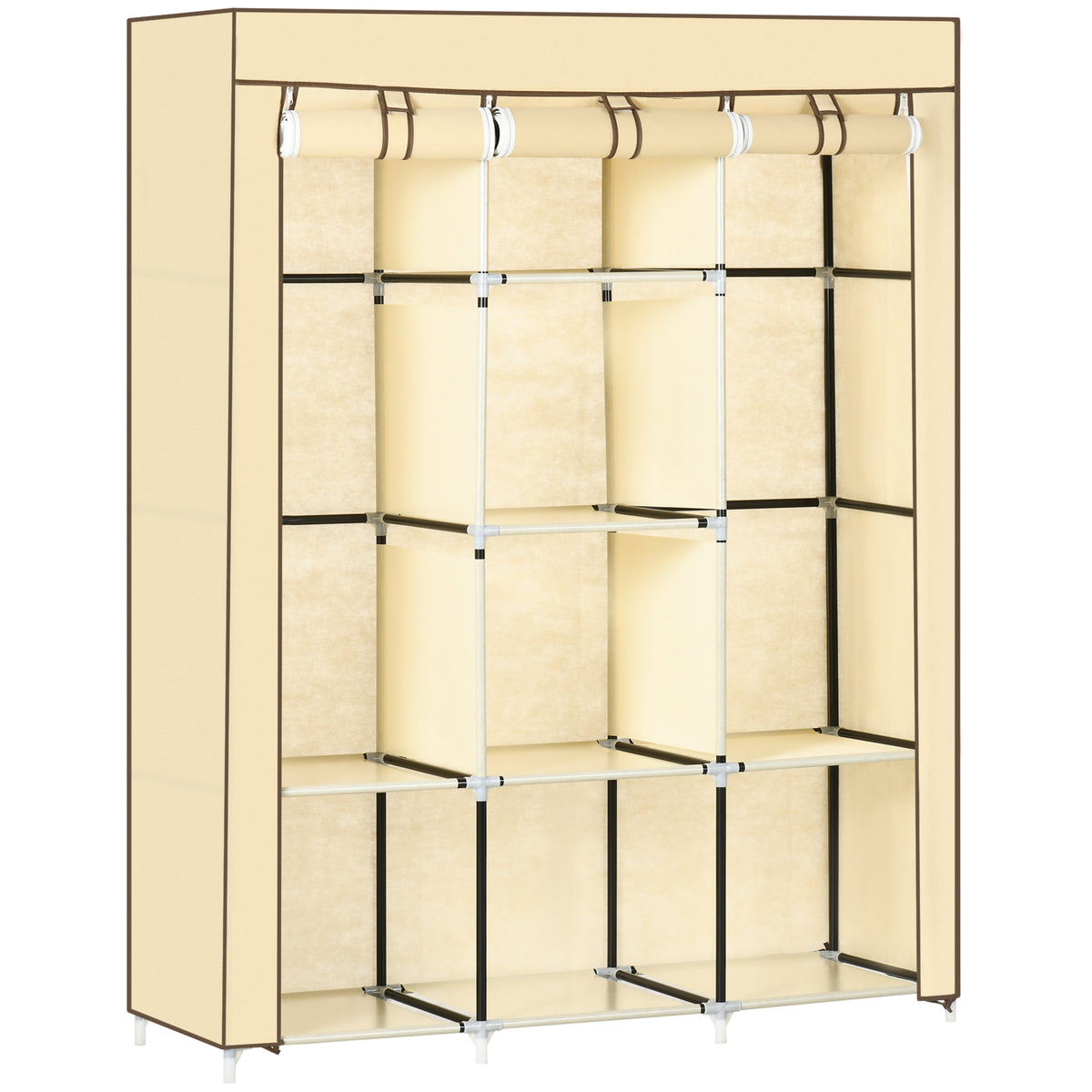 HOMCOM Fabric Wardrobe, Portable Wardrobe, Clothes Storage Unit with 8 Shelves, 2 Hanging Rods, 125 x 43 x 162.5 cm, Beige