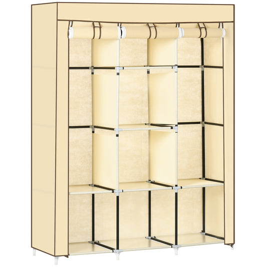 HOMCOM Fabric Wardrobe, Portable Wardrobe, Clothes Storage Unit with 8 Shelves, 2 Hanging Rods, 125 x 43 x 162.5 cm, Beige