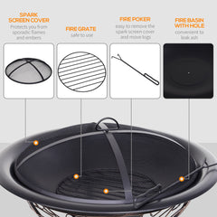 Outsunny Metal Large Firepit Bowl Outdoor Round Fire Pit Brazier w/ Lid, Log Grate, Poker, Elegant Scrolls for Backyard, Camping, Bonfire, Wood Burning Stove, 76 x 76 x 50cm, Black