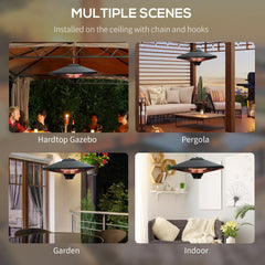 مدفأة خارجية كهربائية معلقة من Outsunny مع إعدادين للطاقة، 1000/2000 وات مقاومة للماء ومثبتة في السقف من الألومنيوم تعمل بالأشعة تحت الحمراء مع إضاءة LED وجهاز تحكم عن بعد، لون أسود