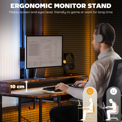 HOMCOM Reversible Computer Desk with LED Lights and Power Outlets, 120 x 55 cm Gaming Desk with Monitor Stand, Sliding Keyboard Tray and Storage Shelves, Industrial Home Office Desk, Rustic Brown
