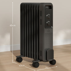 HOMCOM 2000W Oil Filled Radiator, 9 Fin, Portable Electric Heater with 3 Heat Settings, Safety Cut-Off and Wheels, Grey